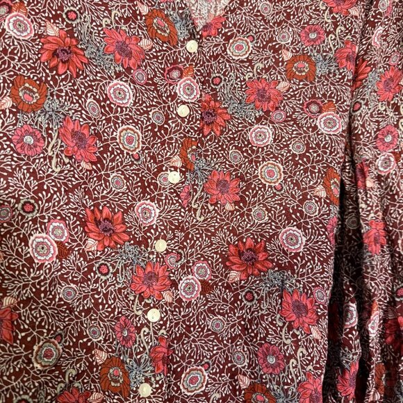 Lucky Brand Floral Bohemian Red Blouse V-Neck Loose Stretchy Tie Sleeve Size XL - Picture 6 of 9